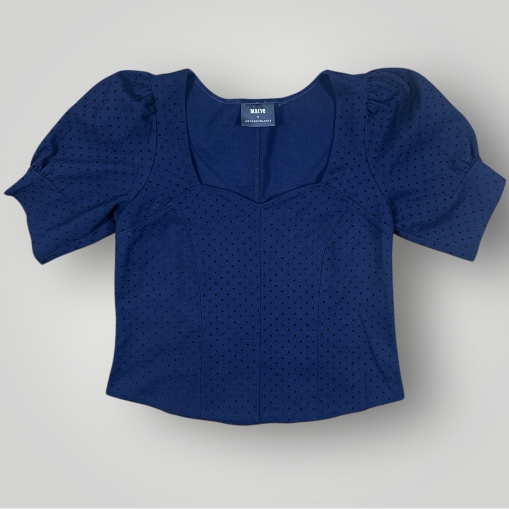 Maeve by Anthropologie Puff Sleeve Sweetheart Top Navy Polka Dot Small Y2K